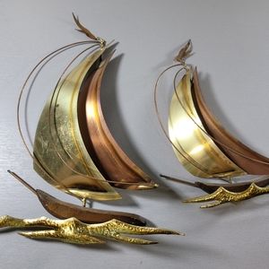 Vintage MCM Brass Wood Sailboat Pair Wall Art Decor